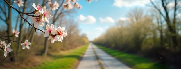 Springtime scene shows pathway through forest with blossoming willow branches in soft focus. Floral spring blossoms, fluffy branches create beautiful natural landscape in sunny day. Beautiful flora,