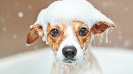 A hesitant dog with wet fur is getting a soapy bath in a bright bathroom, showing reluctance and curiosity about the process