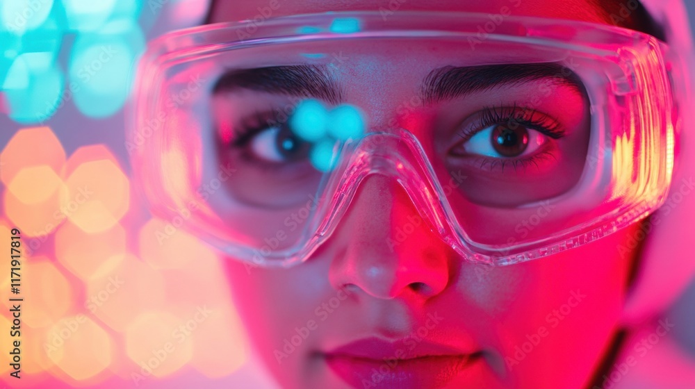 Poster a scientist with protective goggles showcases a positive attitude amid colorful hexagonal light patt