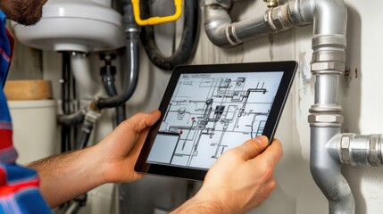 A man is holding a tablet and looking at a drawing of a pipe