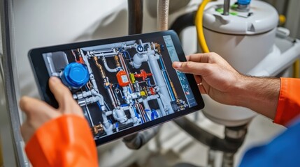 A man is holding a tablet and looking at a diagram of pipes