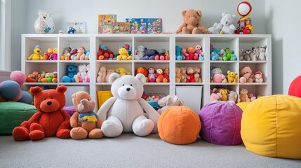 Obraz premium Colorful playroom filled with plush toys and cushions.