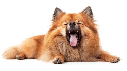 Obraz premium A fluffy dog lying down, yawning with a relaxed expression.
