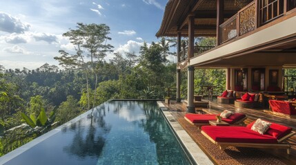 Fototapeta premium A modern villa terrace with an infinity pool, lush tropical surroundings, golden hues, and red holiday decor