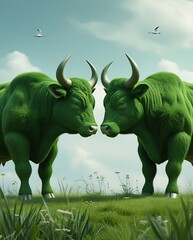 Fototapeta premium Surreal green grass bulls facing off in a vibrant natural meadow representing eco-friendly creativity sustainable concepts environmental art and harmony between nature and modern innovative design ide