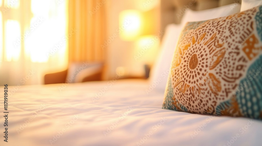 Poster softly arranging a decorative pillow on a neatly made bed while sunlight streams in, creating a warm