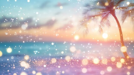 Celebration by the ocean with festive lights glowing among palm trees during a warm night, creating a lively atmosphere