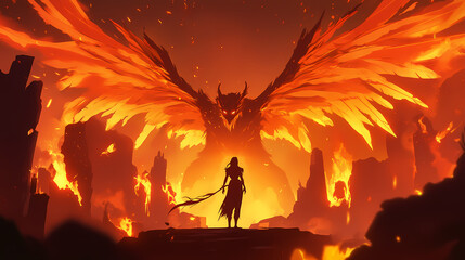A fierce character with fiery wings stands confidently in a dramatic, flame-lit environment. Flamelit. Illustration
