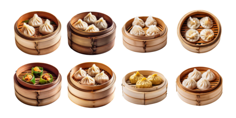 Assorted Dumplings in Bamboo Steamers on Transparent Background