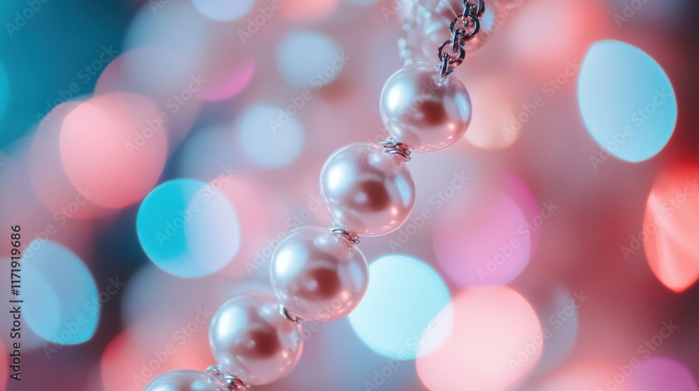 Poster close-up view of a pearl necklace illuminated by gentle bokeh lights, creating a romantic and enchan