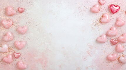 Fototapeta premium A whimsical array of vibrant hearts adorns a soft pink table, radiating love and warmth, perfect for celebrating Valentine's Day.