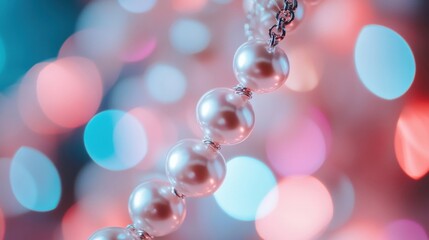 Close-up view of a pearl necklace illuminated by gentle bokeh lights, creating a romantic and enchanting atmosphere in a cozy environment