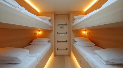 Modern cabin with bunk beds, wood interior, warm lighting.