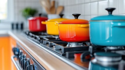 Colorful pots sit paused on a modern kitchen stove, highlighting their vibrant hues and adding warmth to the cooking space