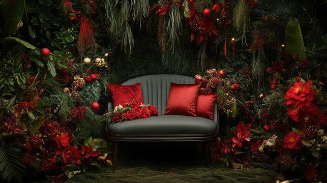 Chic gray sofa with houseplants and bold red festive elements, perfect for seasonal interior design themes