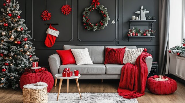 Chic gray sofa with houseplants and bold red festive elements, perfect for seasonal interior design themes