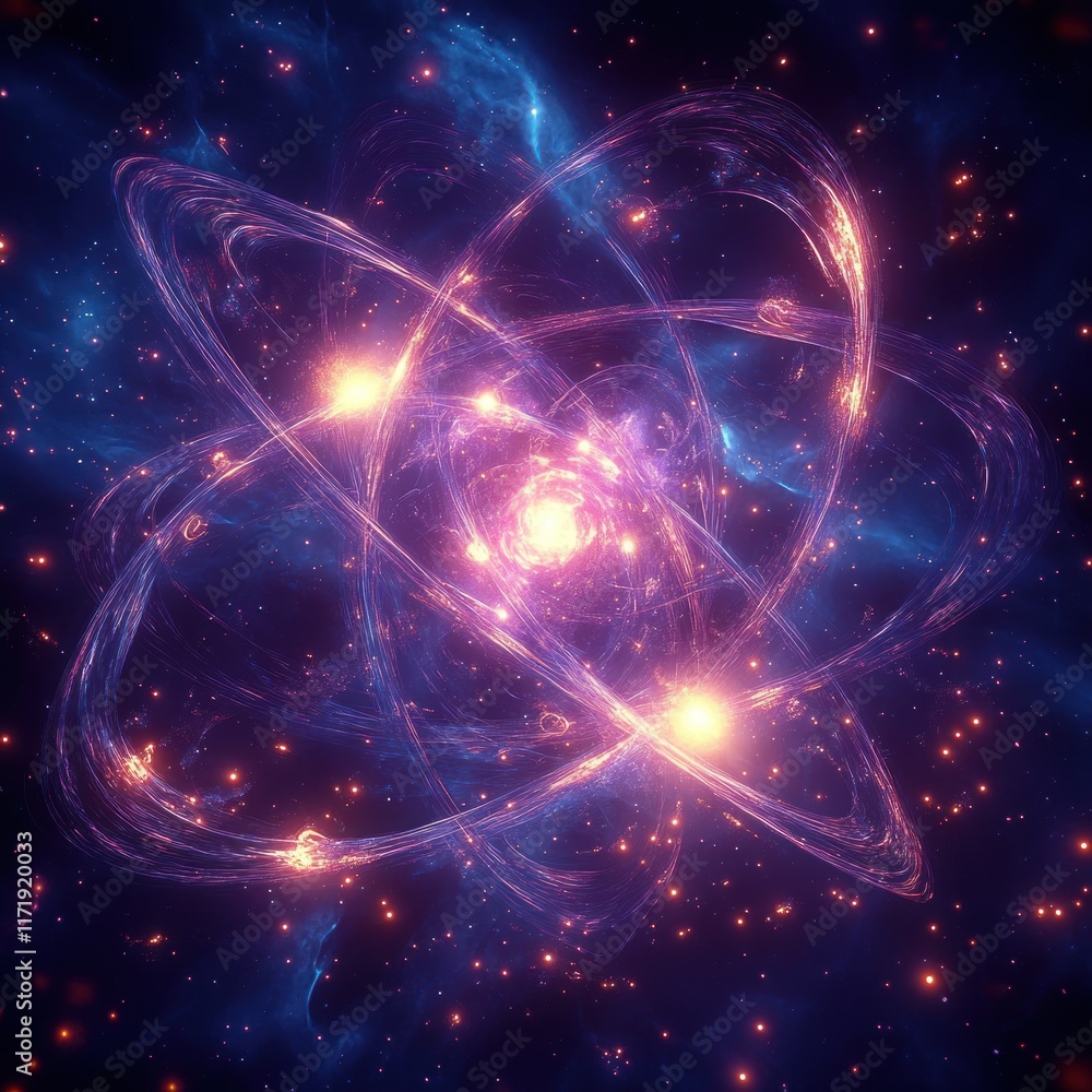 Poster digital art representation of an atom with swirling glowing particles in a cosmic background