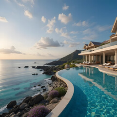 Fototapeta premium Elegant Seaside Resort with Panoramic View of Crystal-Clear Waters, Colorful Coral Reefs, and Sophisticated Infinity Pool