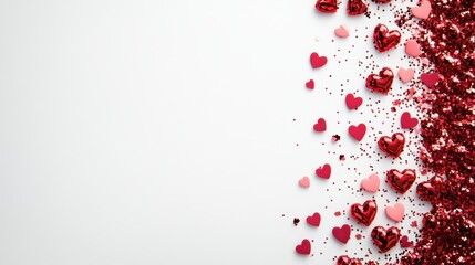 A romantic scene unfolds with vibrant red and pink hearts delicately scattered across a pristine white surface, embodying the essence of love and affection.