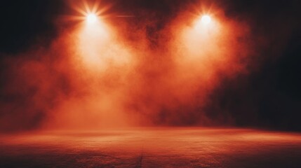Obraz premium Soft red stage lights shine through a smoky atmosphere in a dark theater, setting an engaging mood for an upcoming show or event