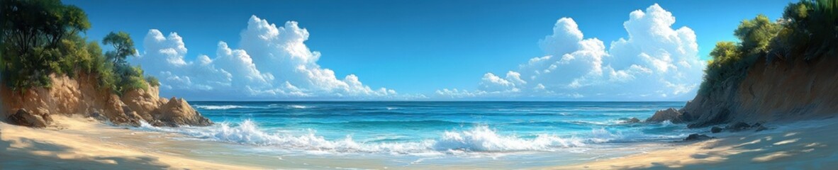 Obraz premium Bright Summer Beach Scene with Turquoise Waters and Fluffy Clouds