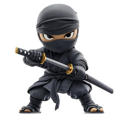 A small cartoon ninja warrior wielding a katana sword in a fighting stance isolated on a transparent background.
