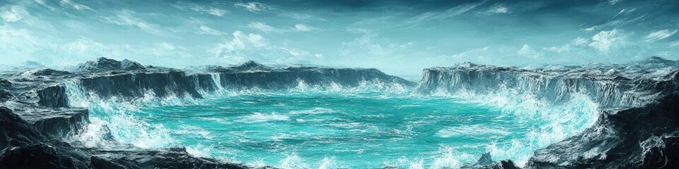 Majestic Frozen Crater Lake with Azure Blue Water Surrounded by Snowy Mountains in Winter Wonderland Landscape Featuring Ice Formations and Dramatic Skies