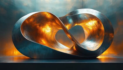 Futuristic Abstract Sculpture with Metallic Textures and Golden Teal Highlights