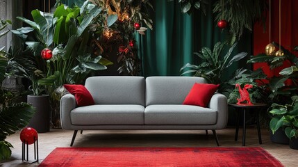 Contemporary gray sofa with houseplants and bright red ornaments, set in a serene home environment