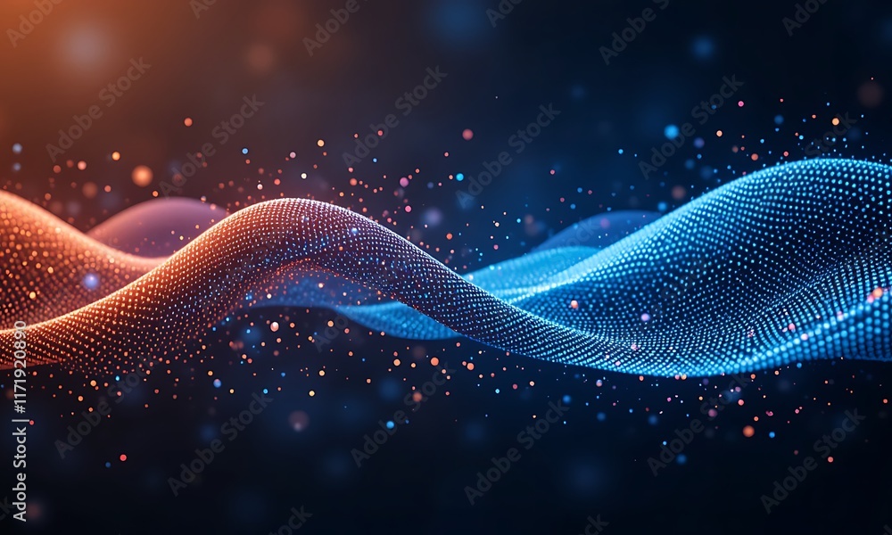 Poster abstract flowing lines and particles, digital technology wave background.