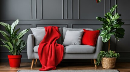 Cozy gray sofa near houseplants in pots, with subtle red holiday accents creating a festive atmosphere