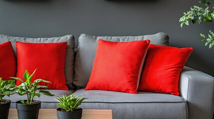 Cozy gray sofa near houseplants with subtle festive red touches, offering a warm and inviting design