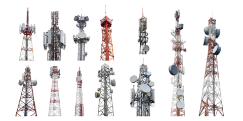 Various Types of Communication Towers with Antennas and Equipment