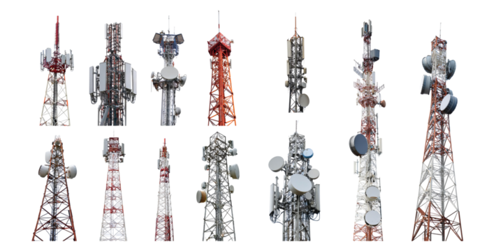 Various Types of Communication Towers with Antennas and Equipment