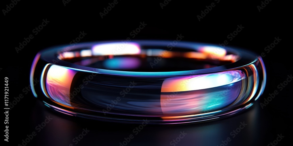Poster iridescent metallic ring design with vibrant reflections and black background in 3d render