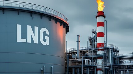 LNG storage facility with a towering red and white flare stack releasing flames, highlighting natural gas processing and energy infrastructure in a modern industrial environment under a cloudy sky

