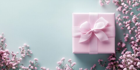 A delightful pink gift adorned with a charming bow rests serenely against a vibrant blue backdrop, capturing the essence of love and celebration.