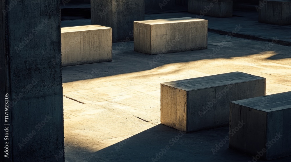 Poster concrete blocks casting shadows in a minimalist space.
