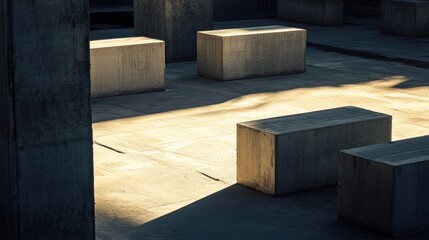 Concrete blocks casting shadows in a minimalist space.