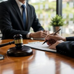 Fototapeta premium Professional contract signing scene in a lawyer's office, gavel on a desk symbolizing law, client and attorney in a formal discussion - legal services and business agreement concept with bright lighti