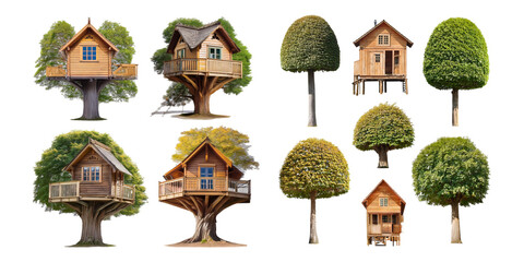 Charming Tree Houses Surrounded by Lush Greenery and Vibrant Trees