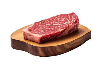 slice of raw wagyu beef on wooden board isolated