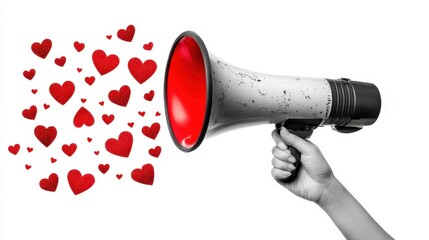 A joyful figure passionately announces love with a megaphone, sending vibrant hearts soaring into the air, embodying the spirit of Valentine's Day celebration.