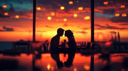 Fototapeta premium A romantic dinner unfolds as a couple shares laughter and love, bathed in the warm glow of a breathtaking sunset.