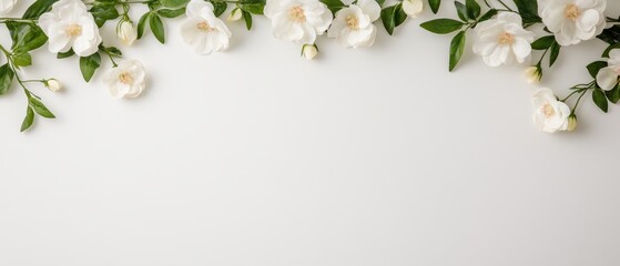 Fototapeta premium A delicate white flower blooms gracefully, surrounded by lush green leaves, symbolizing love and purity against a serene white backdrop.