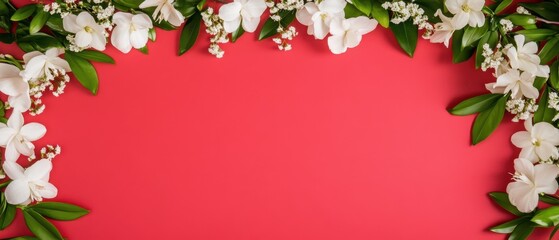 A romantic red canvas adorned with delicate white flowers and lush leaves, radiating love and warmth for Valentine's Day celebrations.