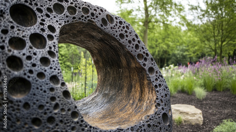 Poster abstract sculpture with circular patterns in a garden.
