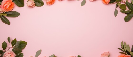 Fototapeta premium A whimsical scene unfolds with a soft pink backdrop adorned by vibrant orange flowers and lush green leaves, evoking a romantic Valentine's Day charm.