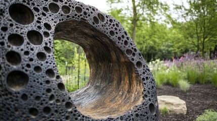Abstract sculpture with circular patterns in a garden.