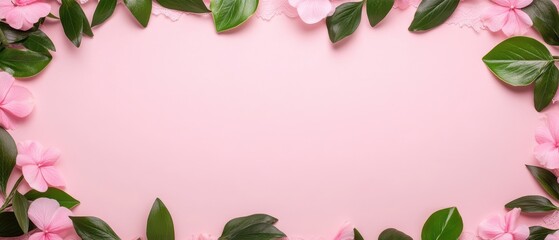 A delicate heart crafted from pink flowers and leaves, set against a soft pink backdrop, radiating love and warmth for Valentine's Day.